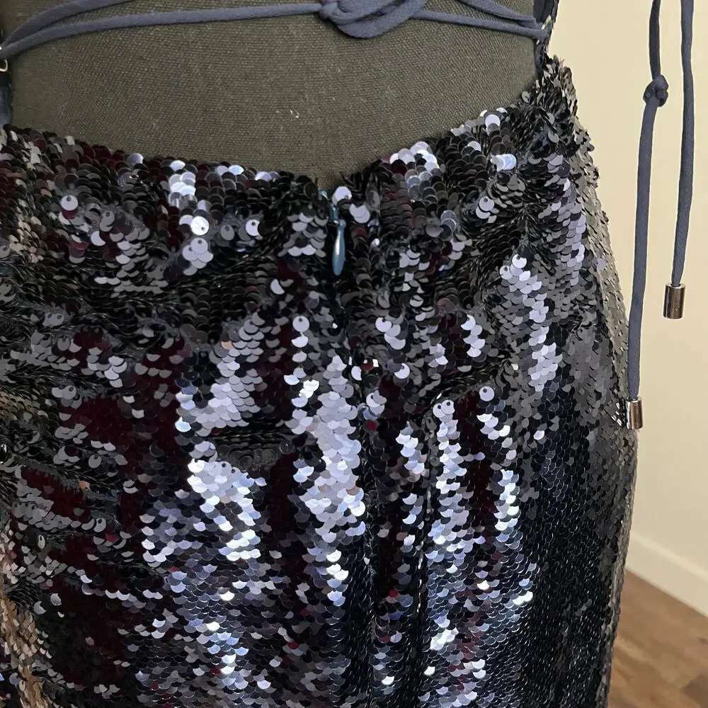 Sabina Musayev Navy Sapphire Open Lace Up Back Midi Lera Sequin Dress